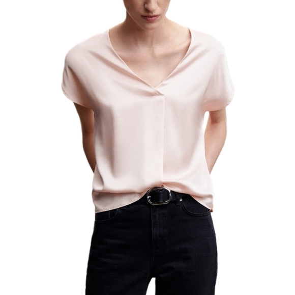 Mango Tops - Mango MNG Pink Blush Satin V Neck Semi Sheer Short Sleeve Blouse Top